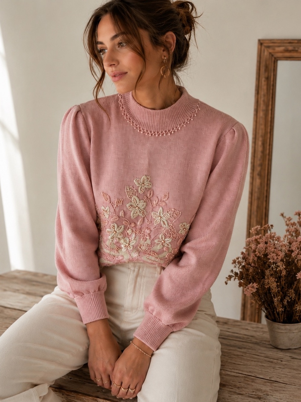 Vintage Jocelyn Smith Embroidered Sweater Pink Pearl Trim Cottagecore